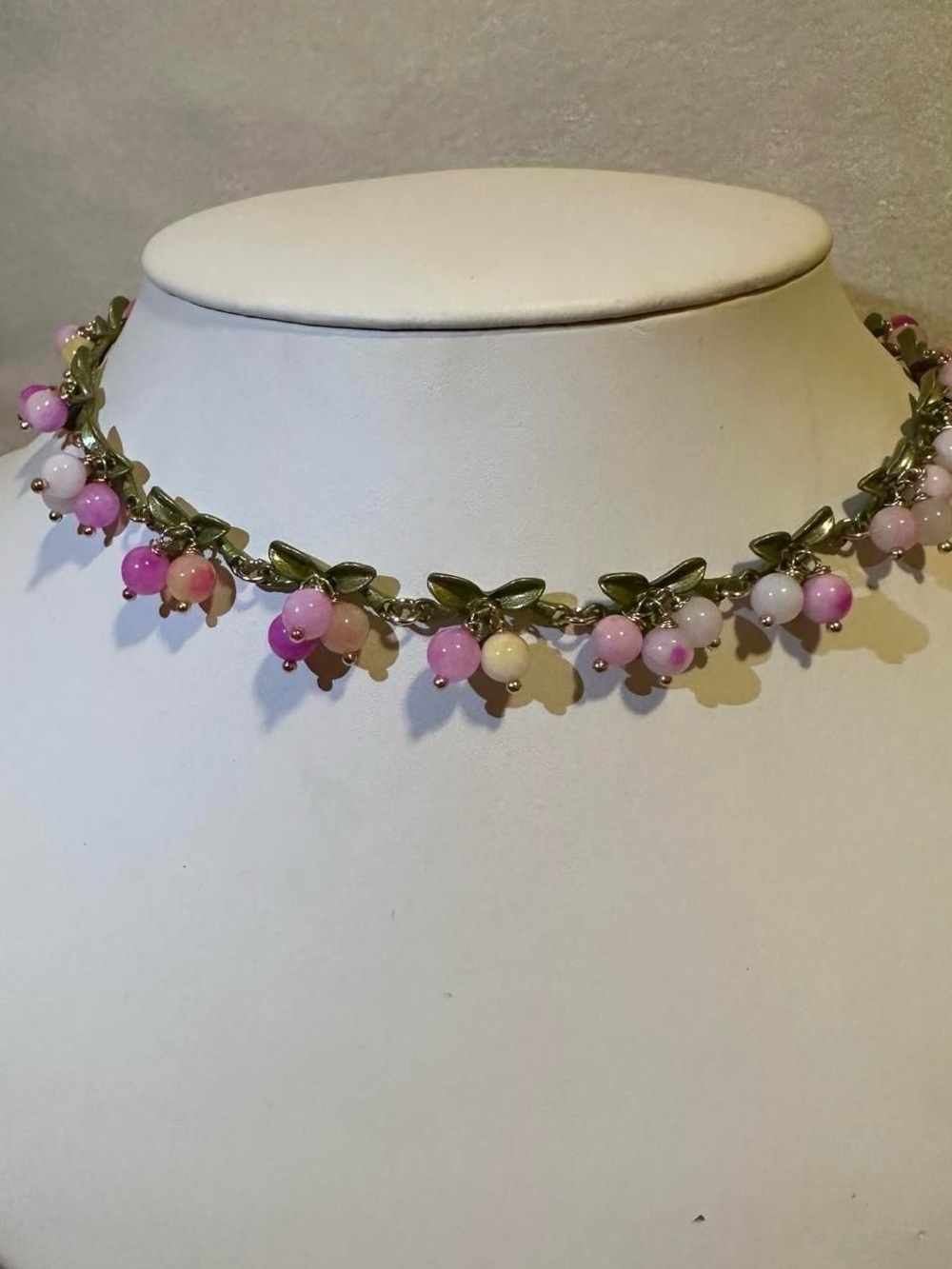 Real Elbaite crystal Pink and yellow bead cranberry green leaf necklace